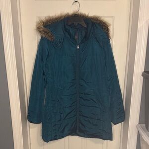 EUC St. John's Bay Teal Puffer Coat with Faux Fur Trim Hood
